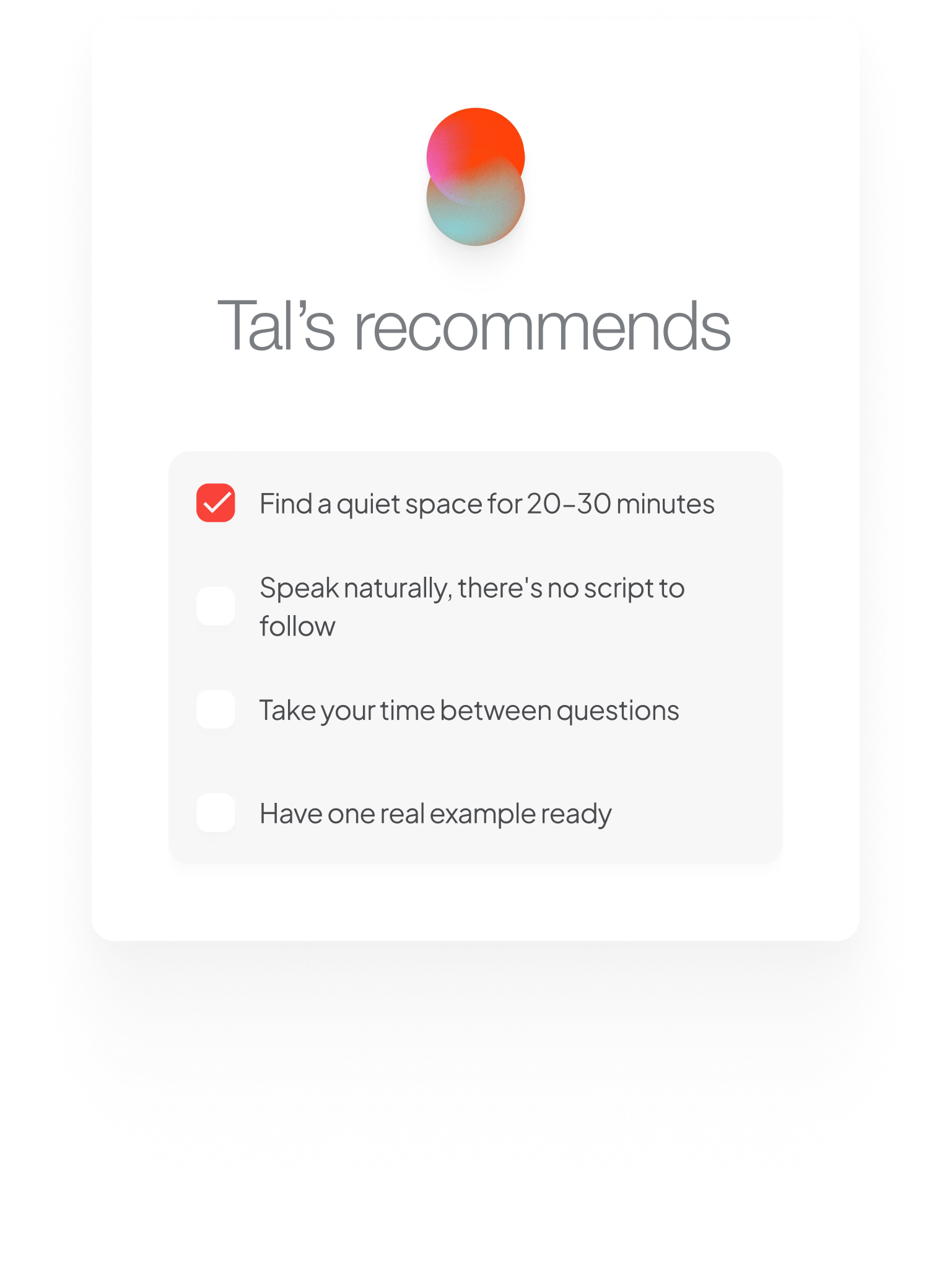 A Tal recommends card listing personalized next steps